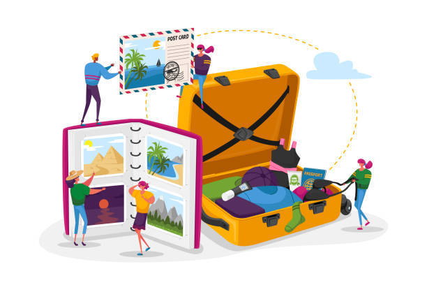 Young People After Vacation Spare Time Concept. Tiny Characters Men and Women Watching Photo Album, Take Out Clothes and Souvenirs from Suitcase. Memory, Photography, Trip. Cartoon Vector Illustration